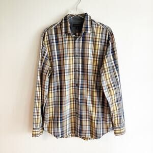 Banana Republic Mens Large Button Front Shirt Plaid Long Sleeve Brown Yellow